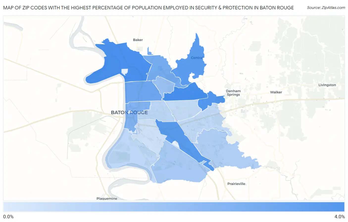 Zip Codes with the Highest Percentage of Population Employed in Security & Protection in Baton Rouge Map