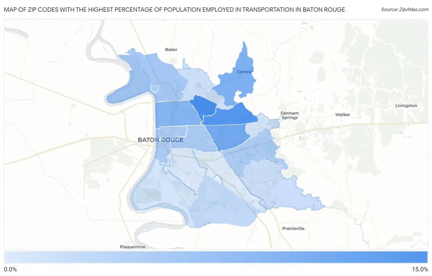 Zip Codes with the Highest Percentage of Population Employed in Transportation in Baton Rouge Map