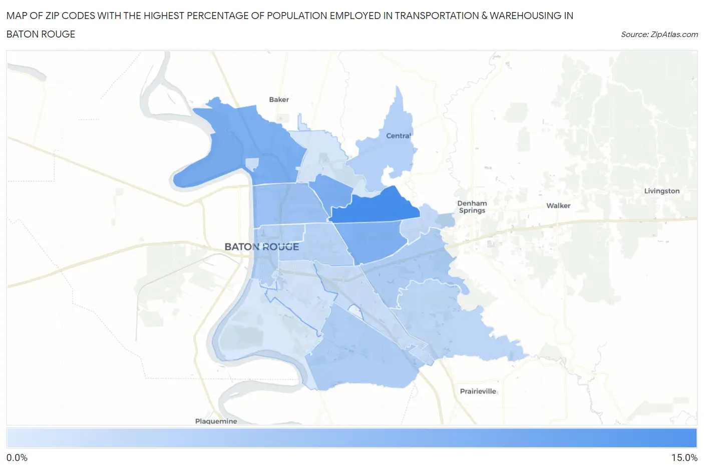 Zip Codes with the Highest Percentage of Population Employed in Transportation & Warehousing in Baton Rouge Map