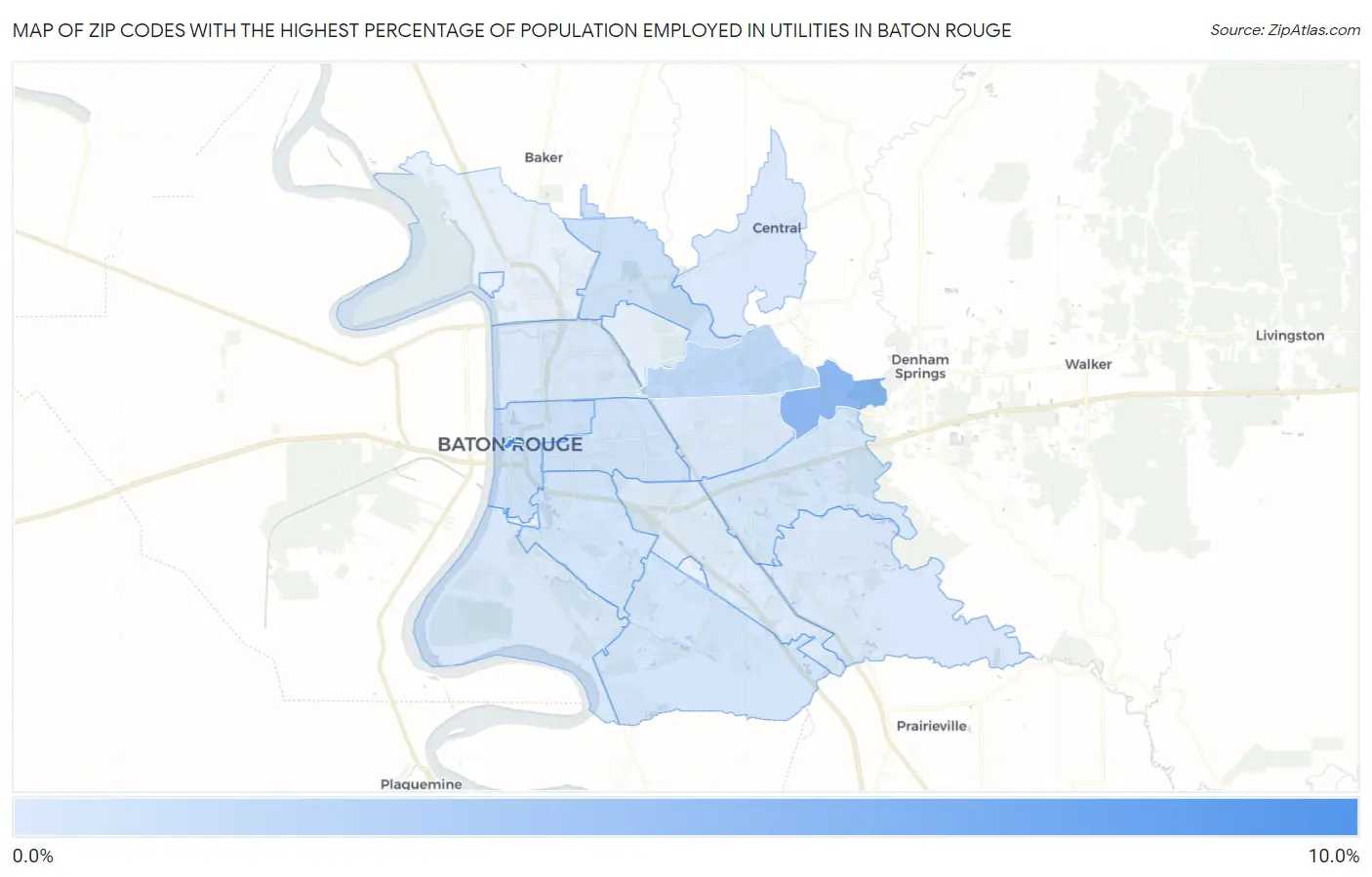 Zip Codes with the Highest Percentage of Population Employed in Utilities in Baton Rouge Map