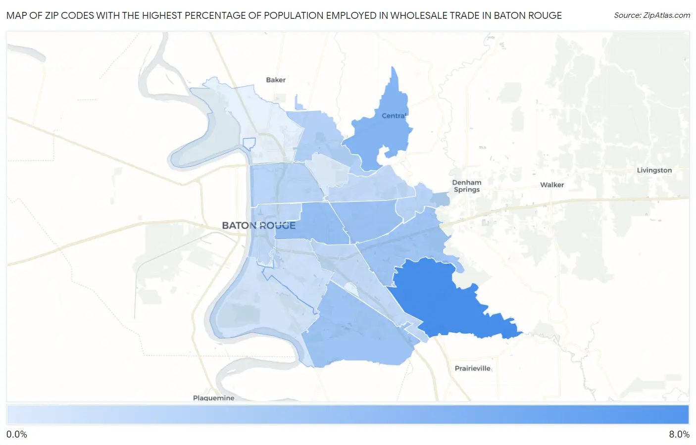 Zip Codes with the Highest Percentage of Population Employed in Wholesale Trade in Baton Rouge Map