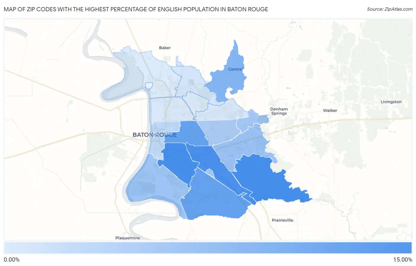 Zip Codes with the Highest Percentage of English Population in Baton Rouge Map