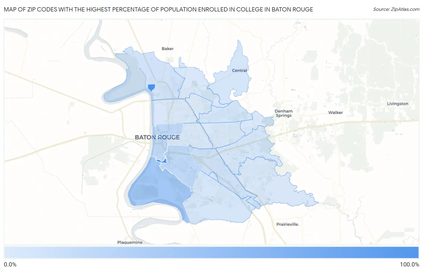Zip Codes with the Highest Percentage of Population Enrolled in College in Baton Rouge Map