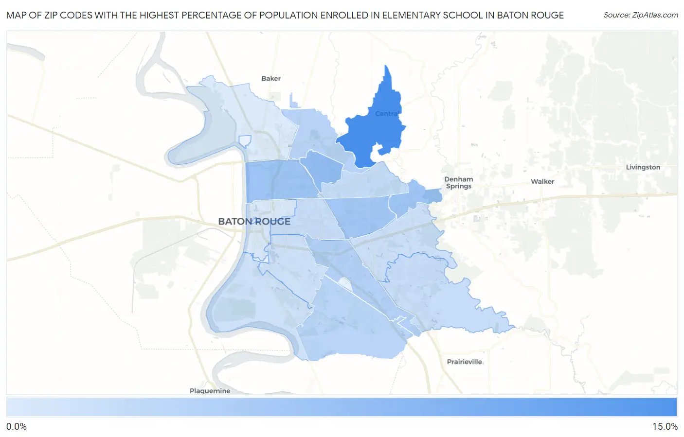 Zip Codes with the Highest Percentage of Population Enrolled in Elementary School in Baton Rouge Map