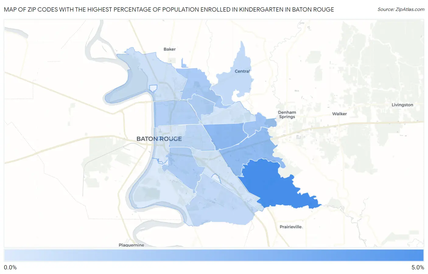 Zip Codes with the Highest Percentage of Population Enrolled in Kindergarten in Baton Rouge Map