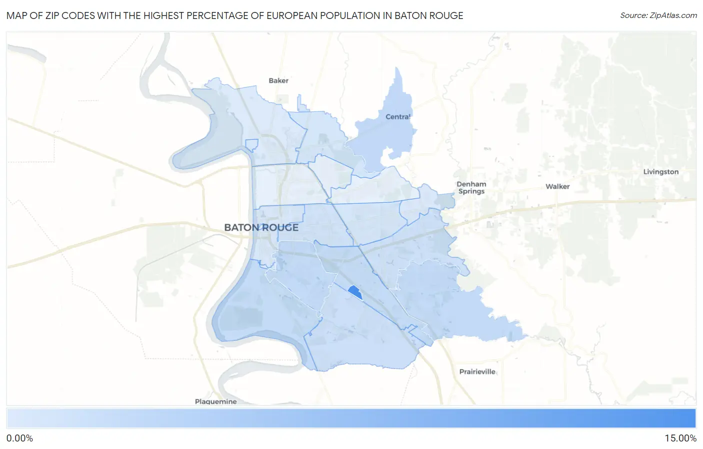 Zip Codes with the Highest Percentage of European Population in Baton Rouge Map