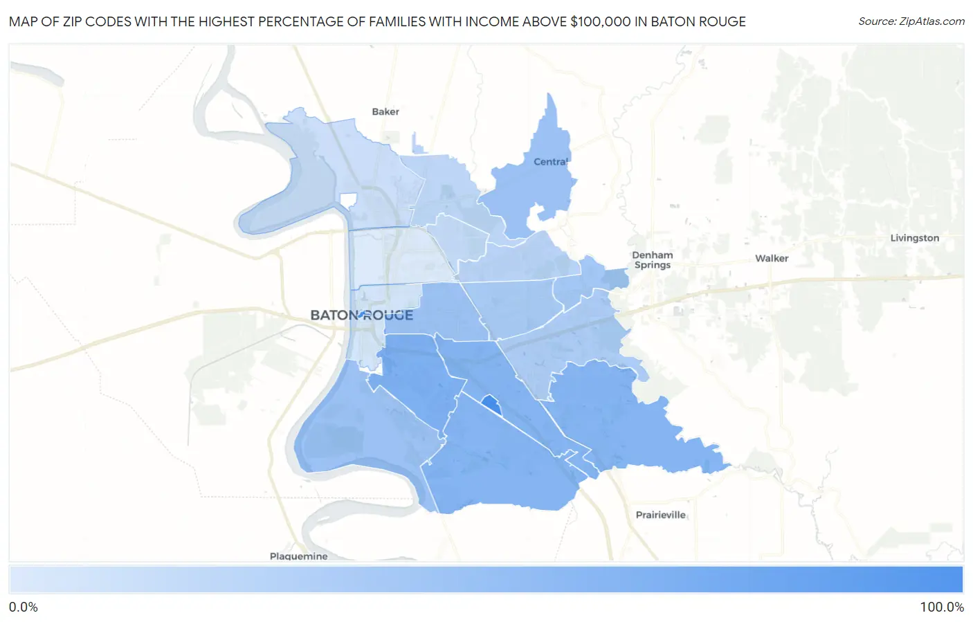 Zip Codes with the Highest Percentage of Families with Income Above $100,000 in Baton Rouge Map