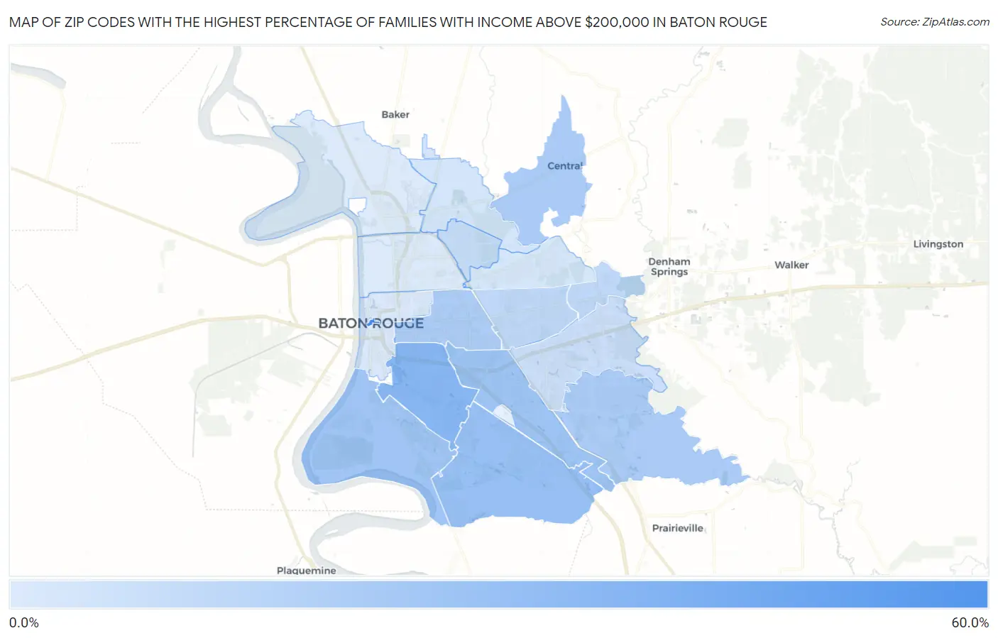 Zip Codes with the Highest Percentage of Families with Income Above $200,000 in Baton Rouge Map