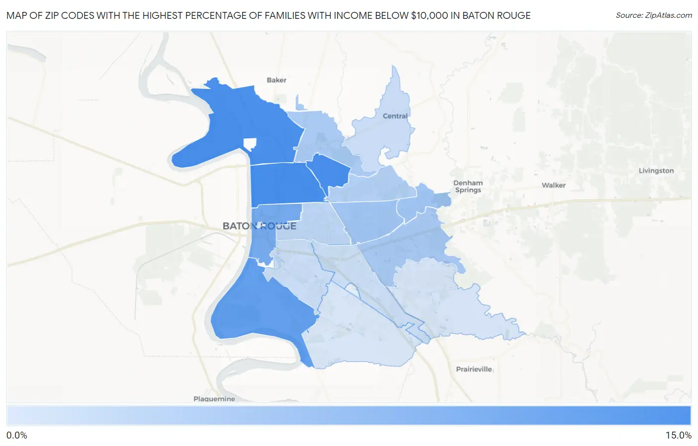 Zip Codes with the Highest Percentage of Families with Income Below $10,000 in Baton Rouge Map