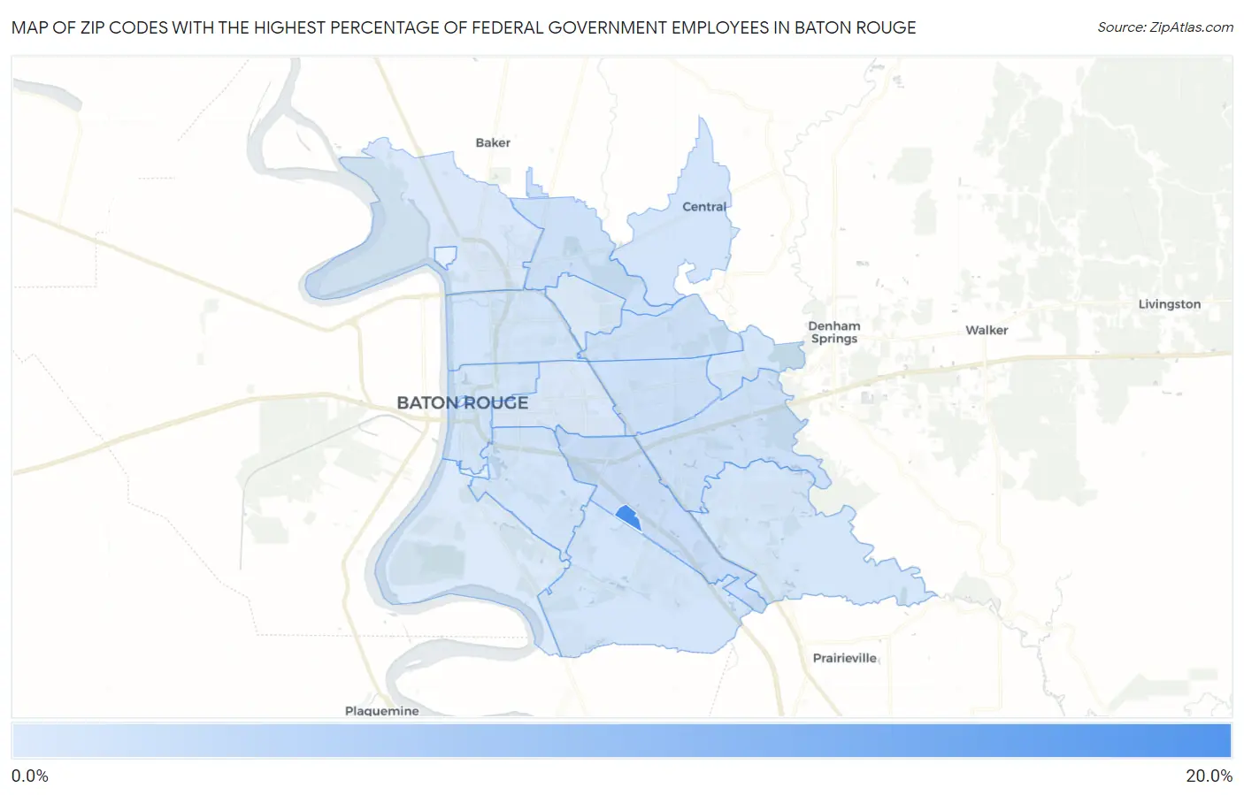 Zip Codes with the Highest Percentage of Federal Government Employees in Baton Rouge Map