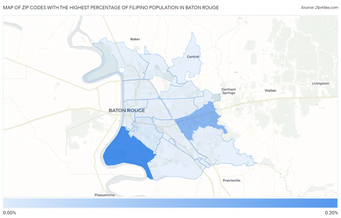Zip Codes with the Highest Percentage of Filipino Population in Baton Rouge Map