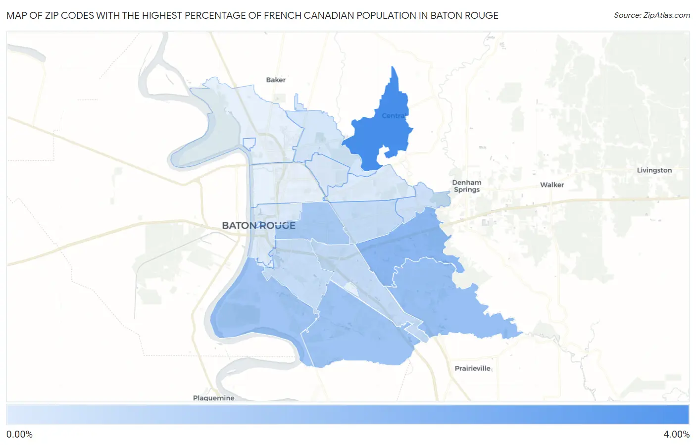 Zip Codes with the Highest Percentage of French Canadian Population in Baton Rouge Map