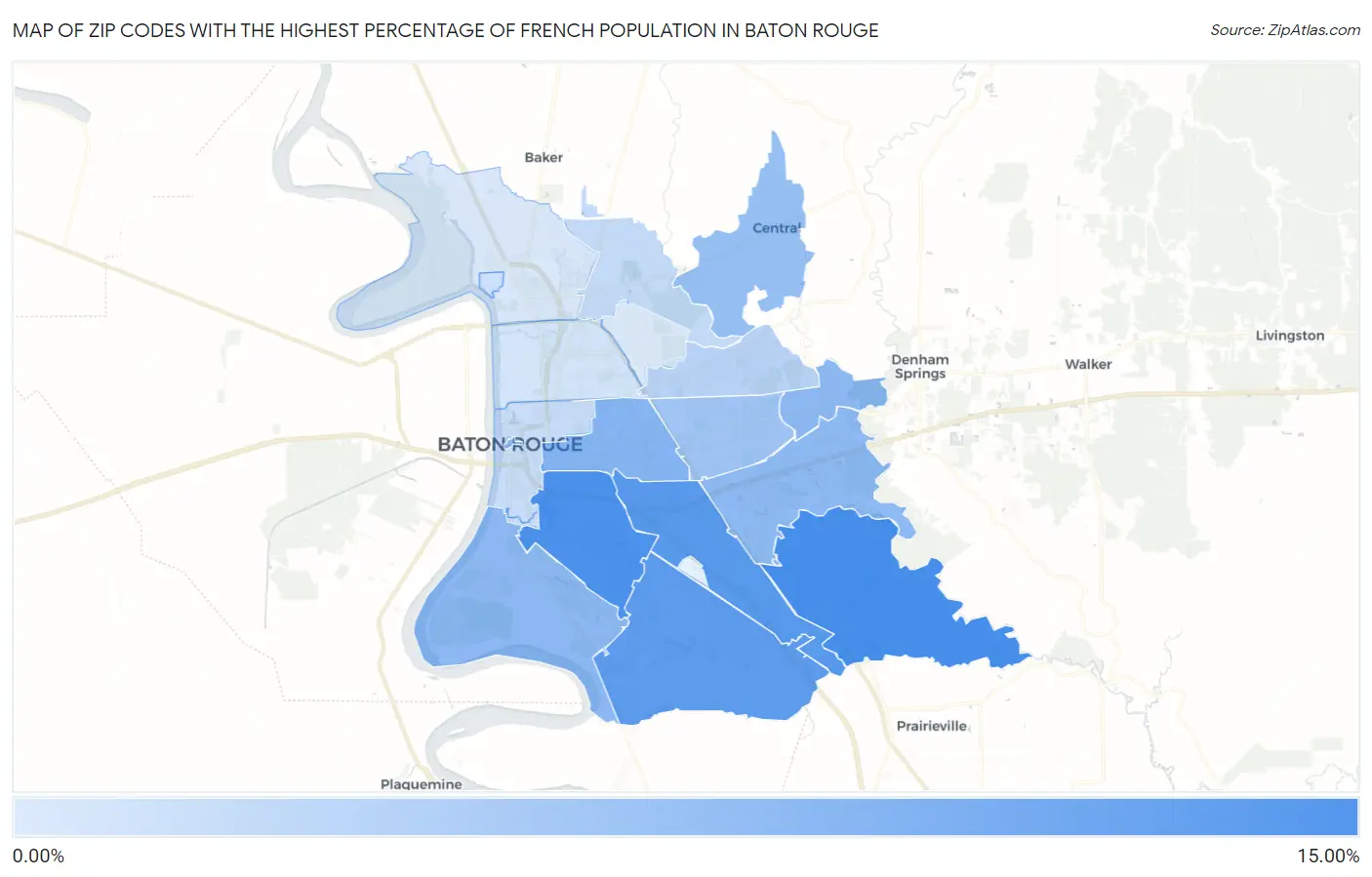 Zip Codes with the Highest Percentage of French Population in Baton Rouge Map