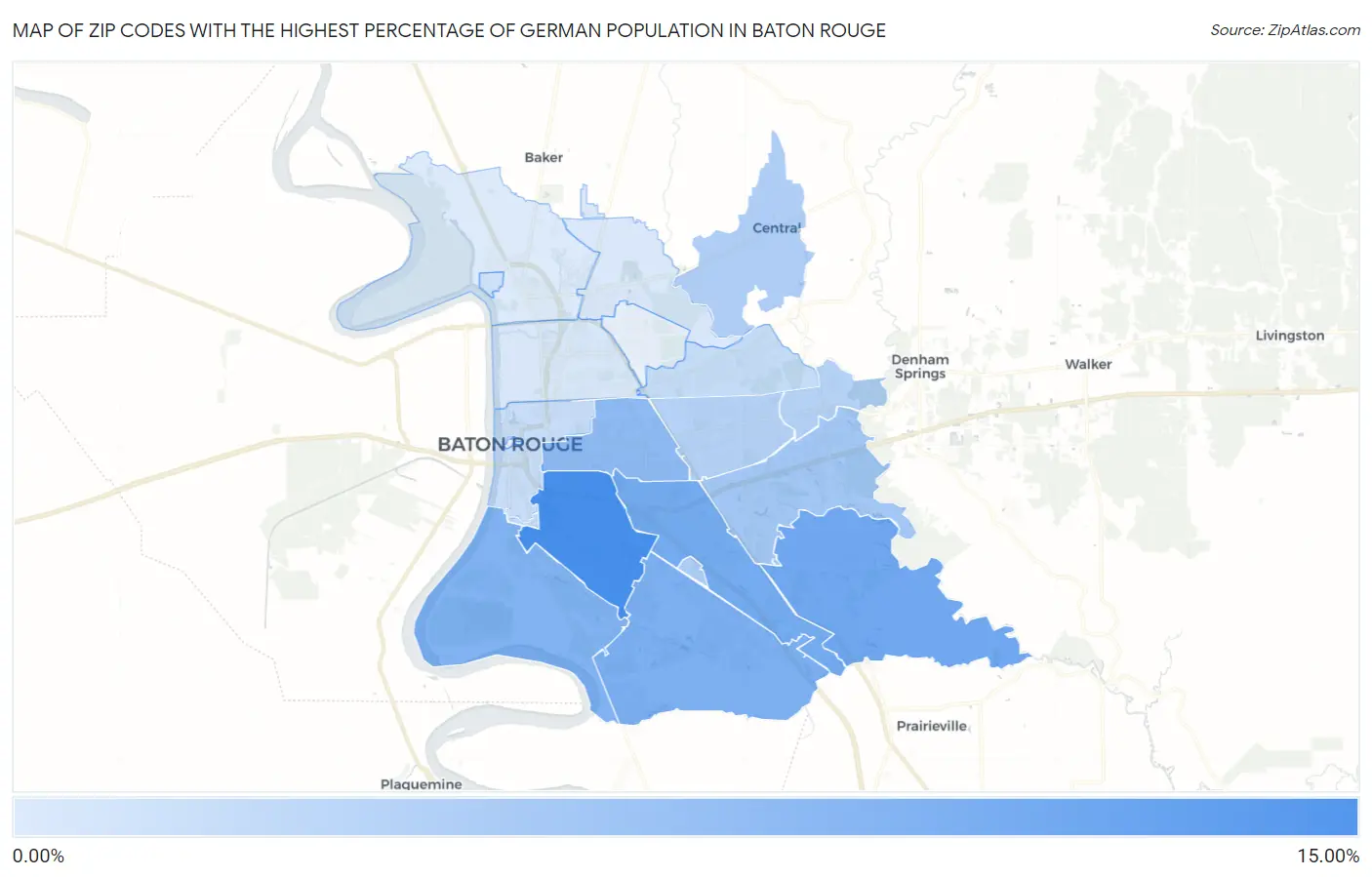 Zip Codes with the Highest Percentage of German Population in Baton Rouge Map