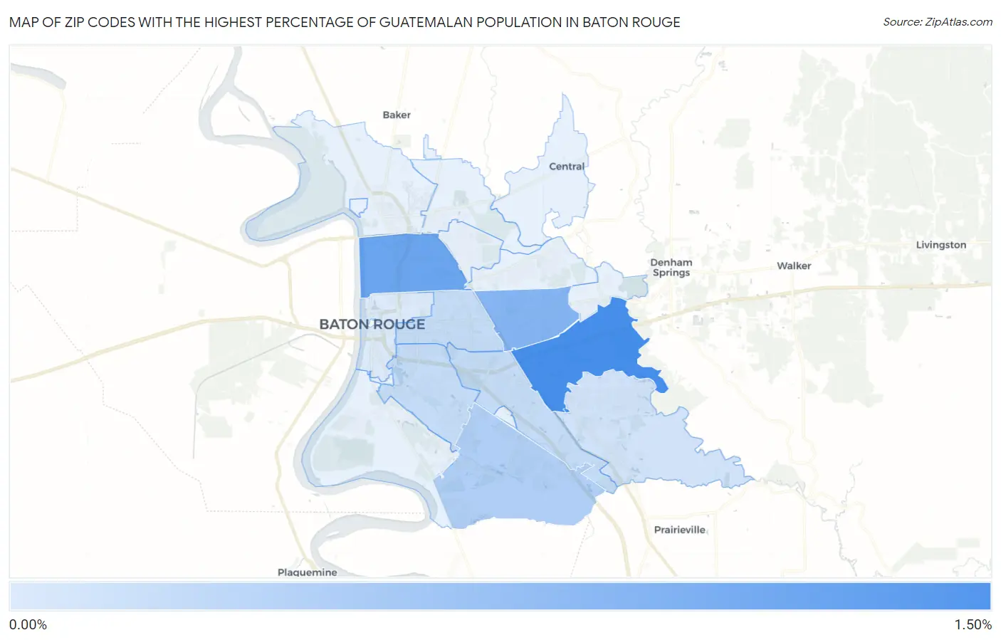 Zip Codes with the Highest Percentage of Guatemalan Population in Baton Rouge Map