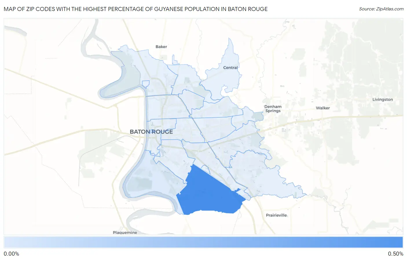 Zip Codes with the Highest Percentage of Guyanese Population in Baton Rouge Map