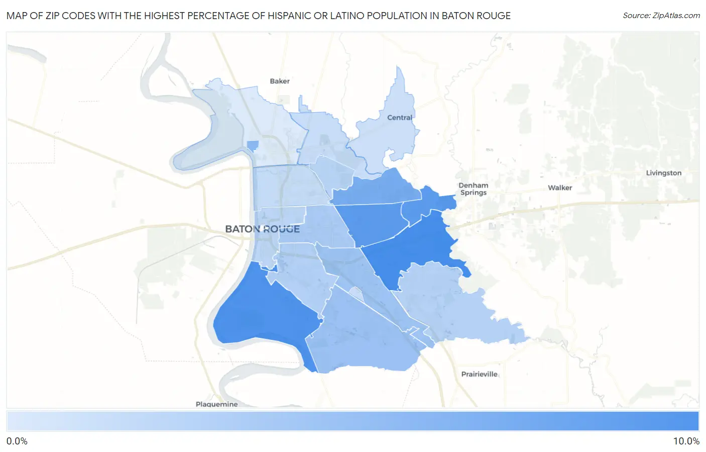 Zip Codes with the Highest Percentage of Hispanic or Latino Population in Baton Rouge Map