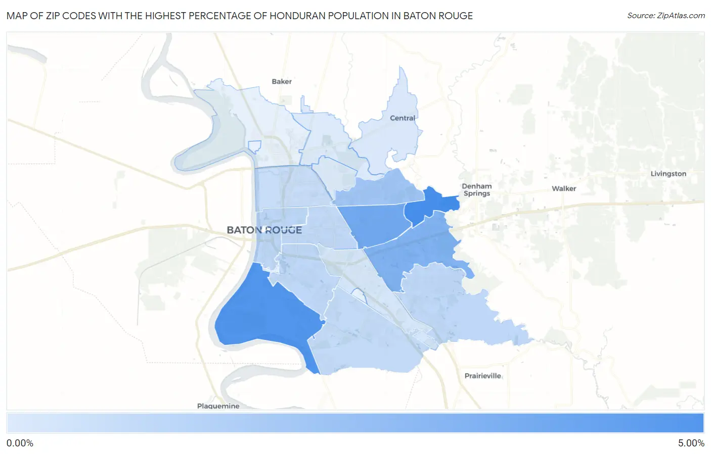 Zip Codes with the Highest Percentage of Honduran Population in Baton Rouge Map