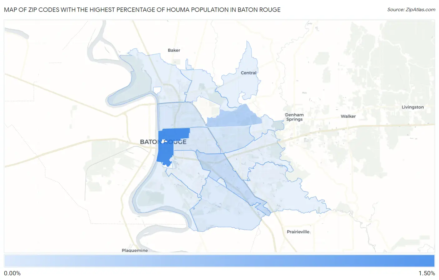 Zip Codes with the Highest Percentage of Houma Population in Baton Rouge Map
