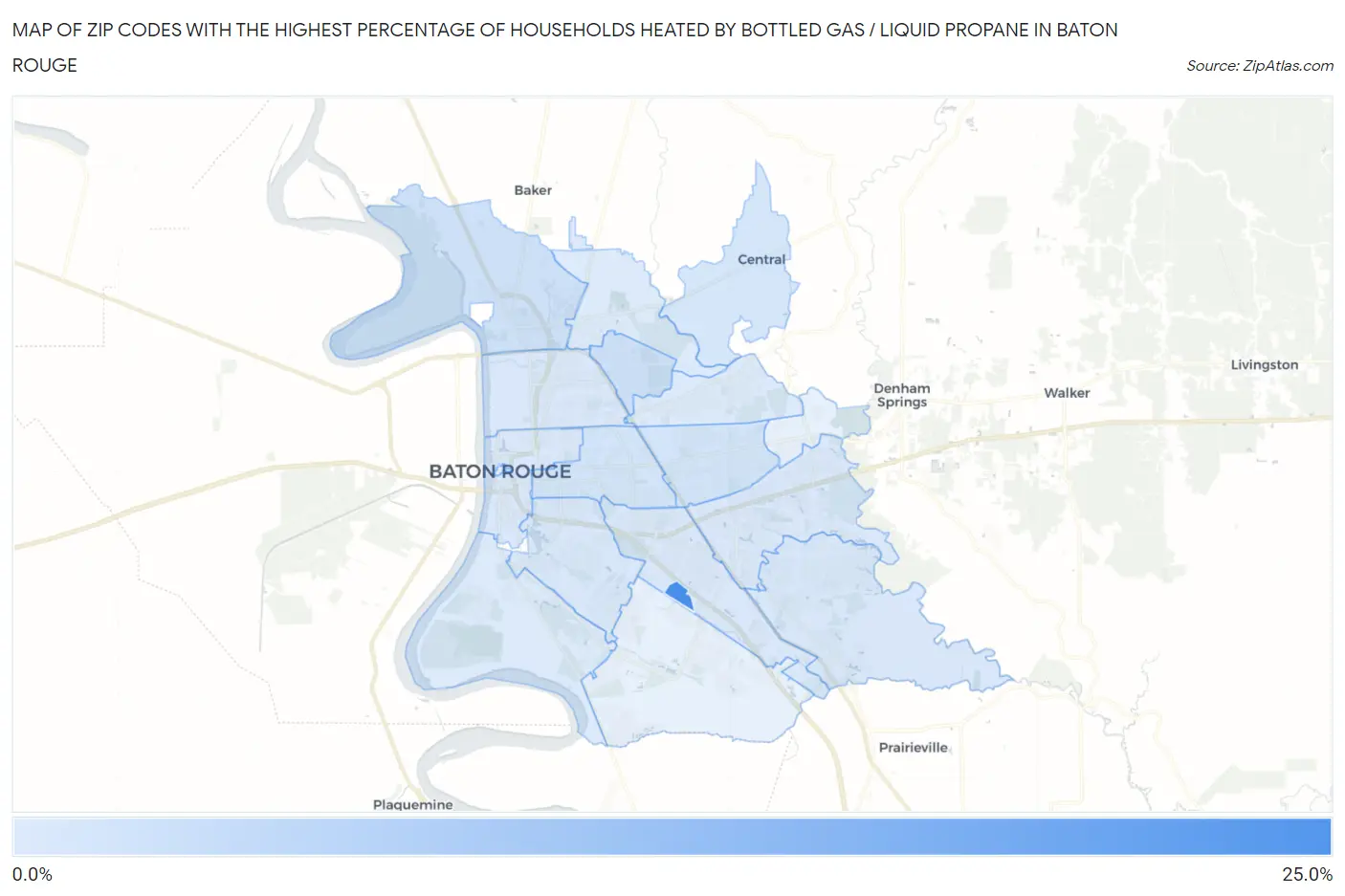 Zip Codes with the Highest Percentage of Households Heated by Bottled Gas / Liquid Propane in Baton Rouge Map
