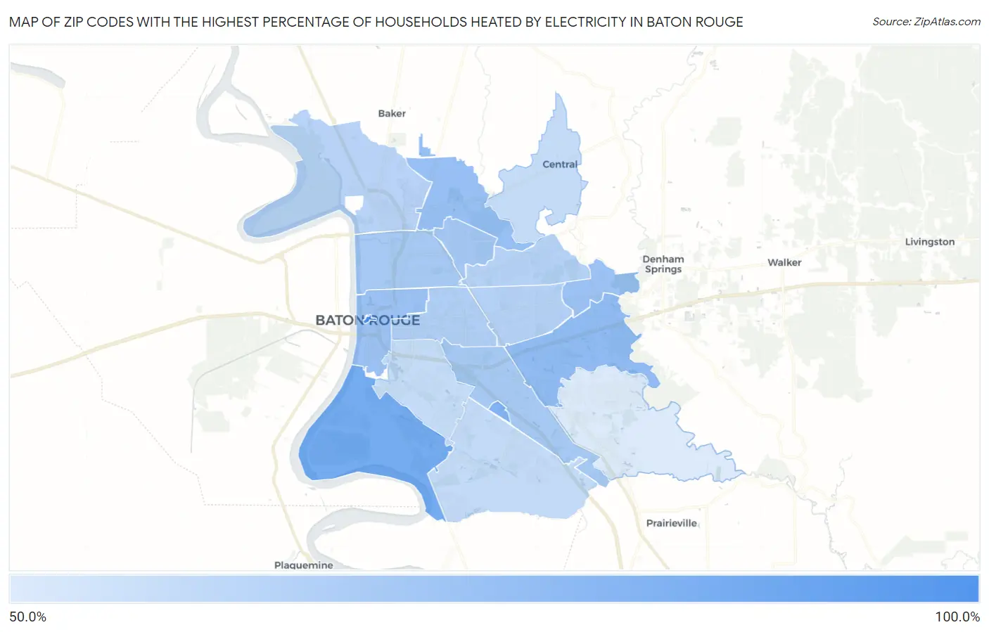 Zip Codes with the Highest Percentage of Households Heated by Electricity in Baton Rouge Map