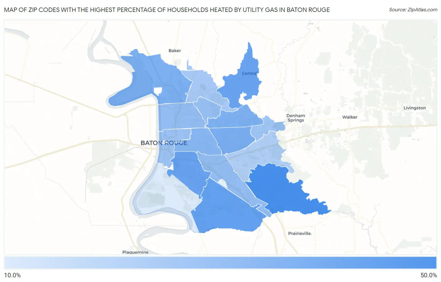 Zip Codes with the Highest Percentage of Households Heated by Utility Gas in Baton Rouge Map