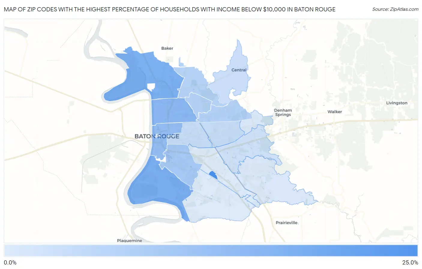 Zip Codes with the Highest Percentage of Households with Income Below $10,000 in Baton Rouge Map