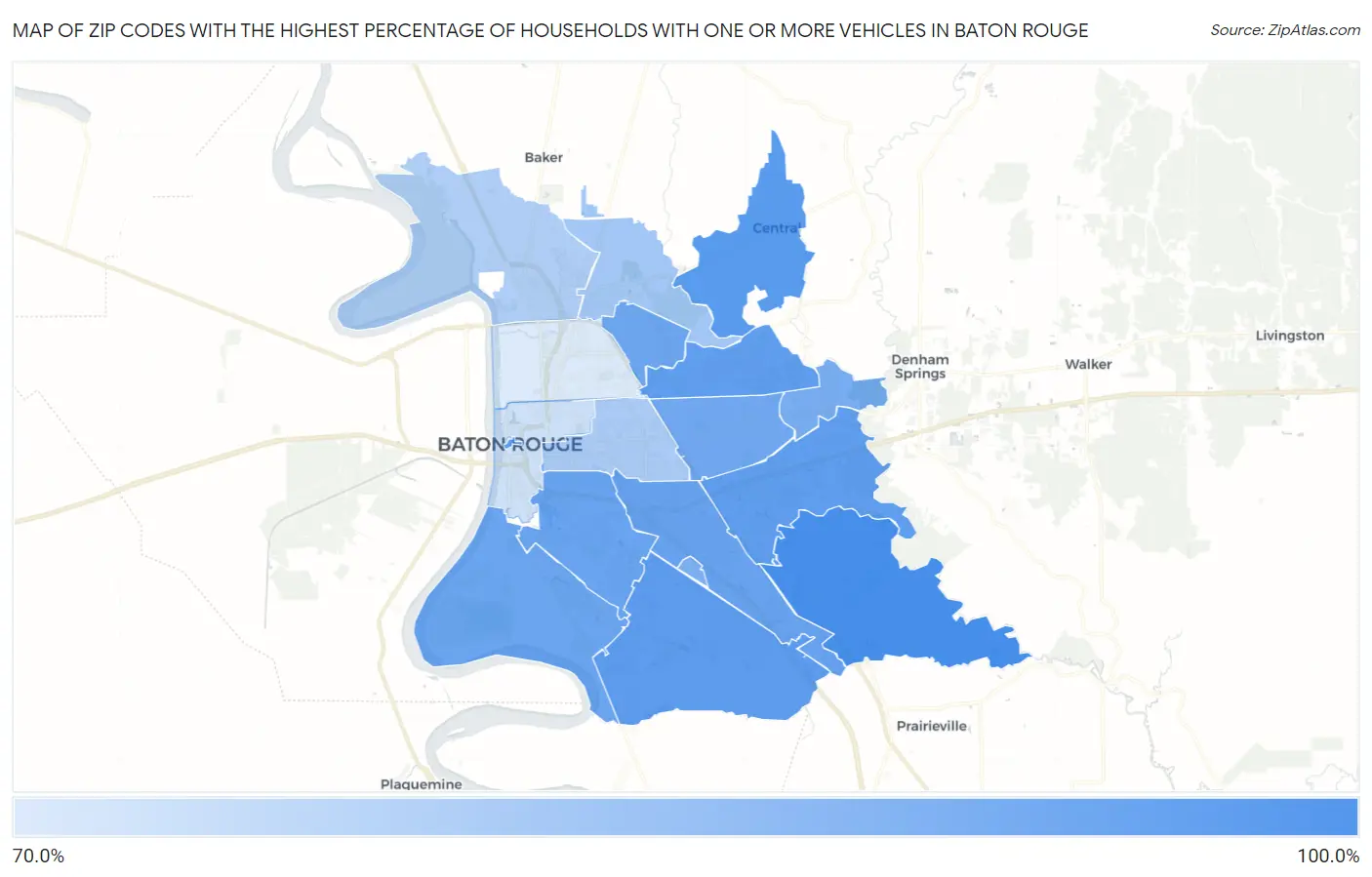 Zip Codes with the Highest Percentage of Households With One or more Vehicles in Baton Rouge Map
