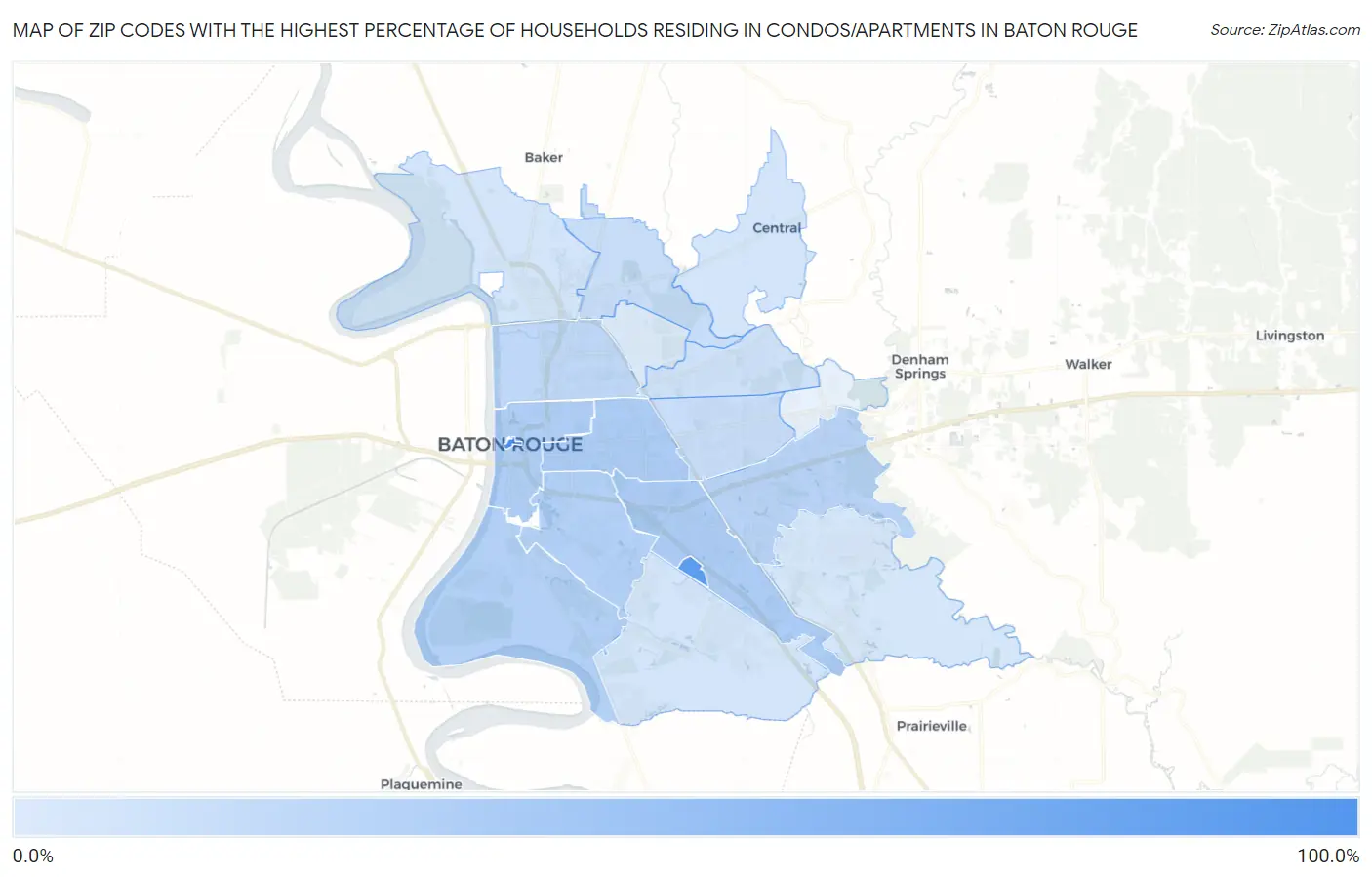 Zip Codes with the Highest Percentage of Households Residing in Condos/Apartments in Baton Rouge Map