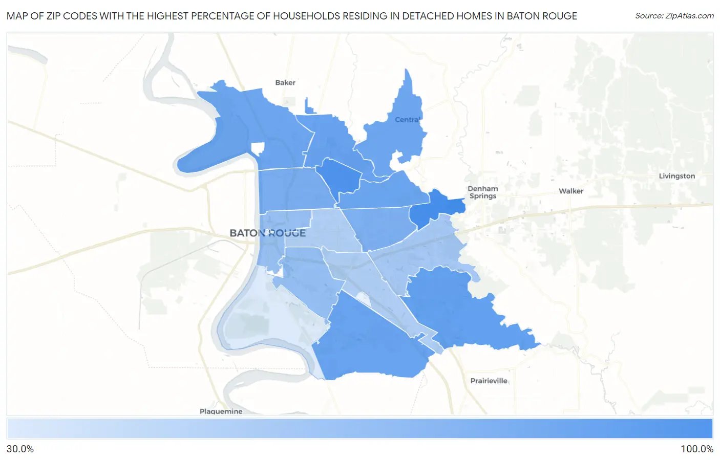 Zip Codes with the Highest Percentage of Households Residing in Detached Homes in Baton Rouge Map
