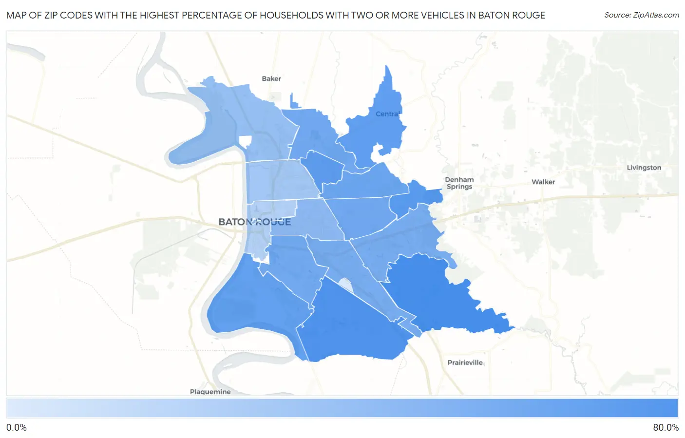 Zip Codes with the Highest Percentage of Households With Two or more Vehicles in Baton Rouge Map