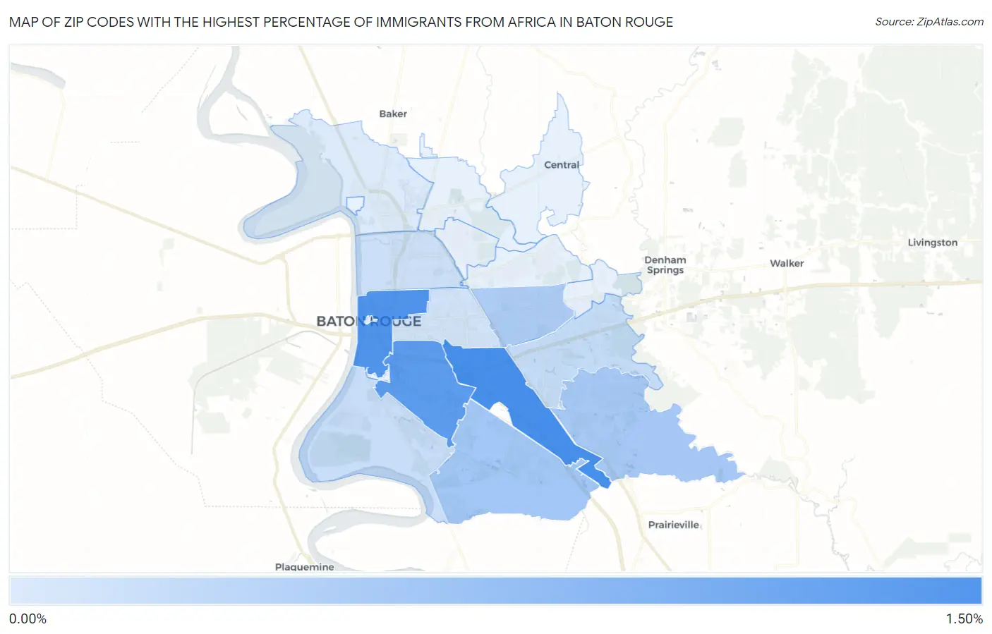 Zip Codes with the Highest Percentage of Immigrants from Africa in Baton Rouge Map