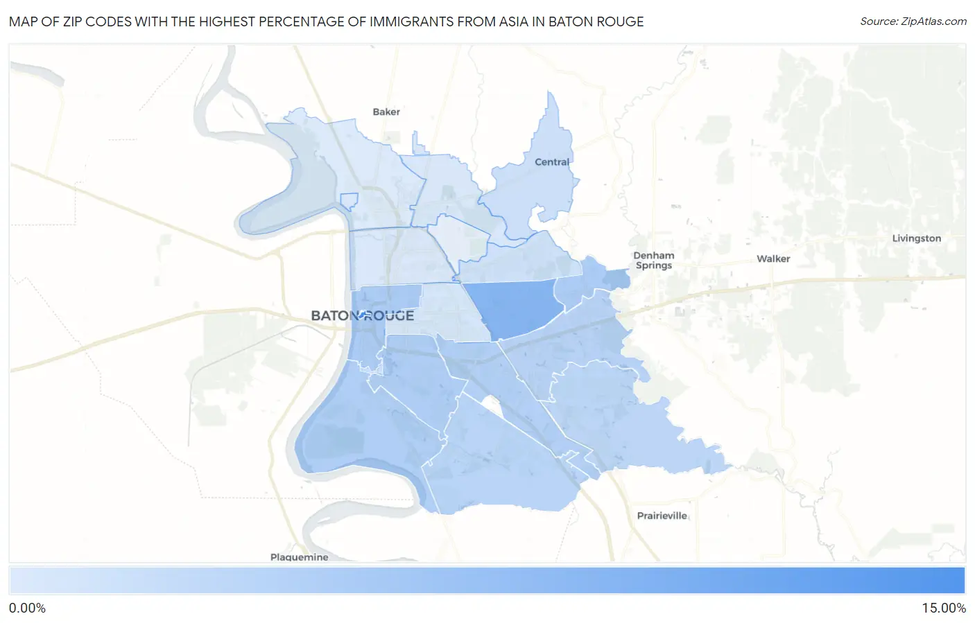 Zip Codes with the Highest Percentage of Immigrants from Asia in Baton Rouge Map