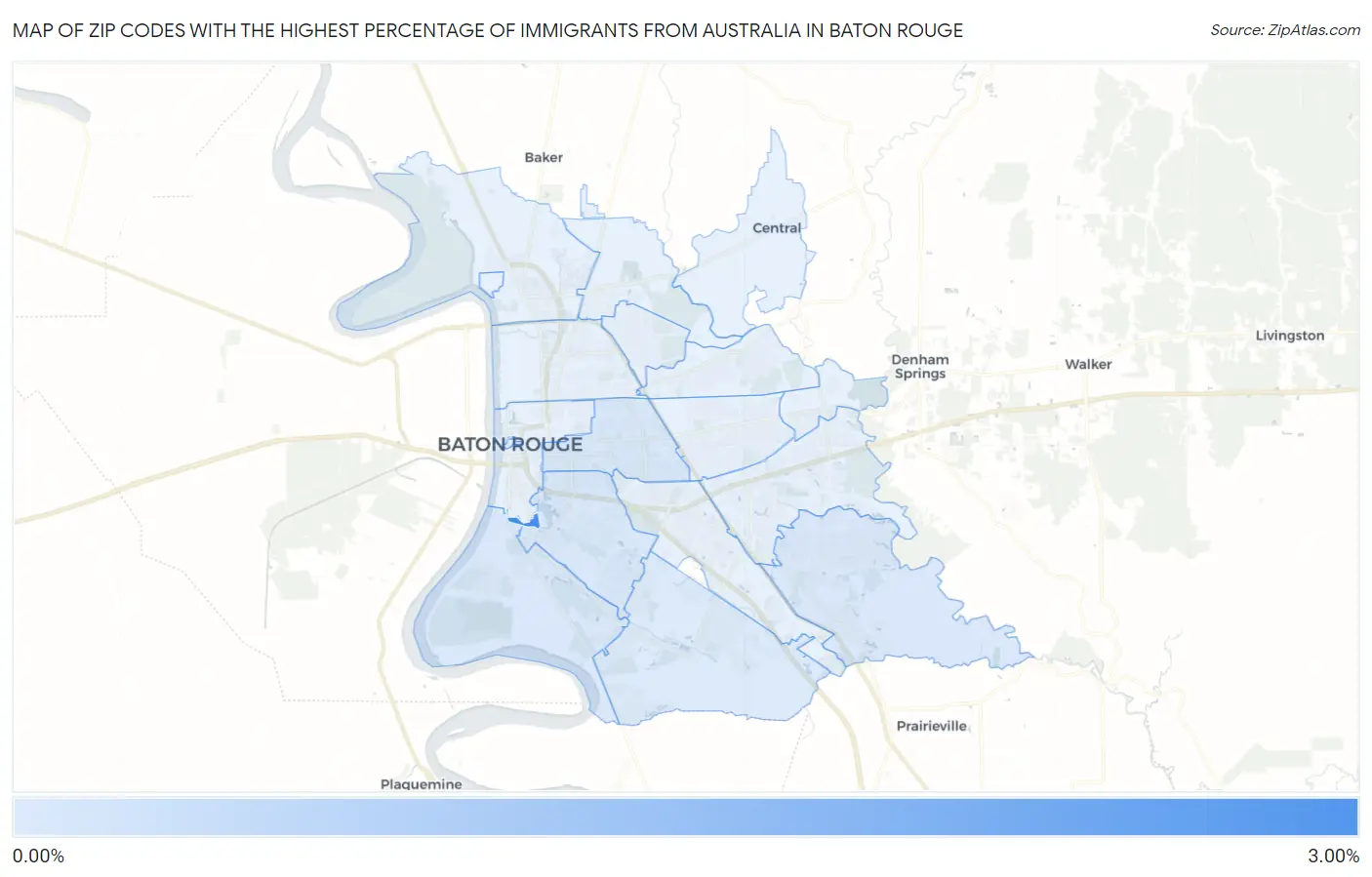 Zip Codes with the Highest Percentage of Immigrants from Australia in Baton Rouge Map