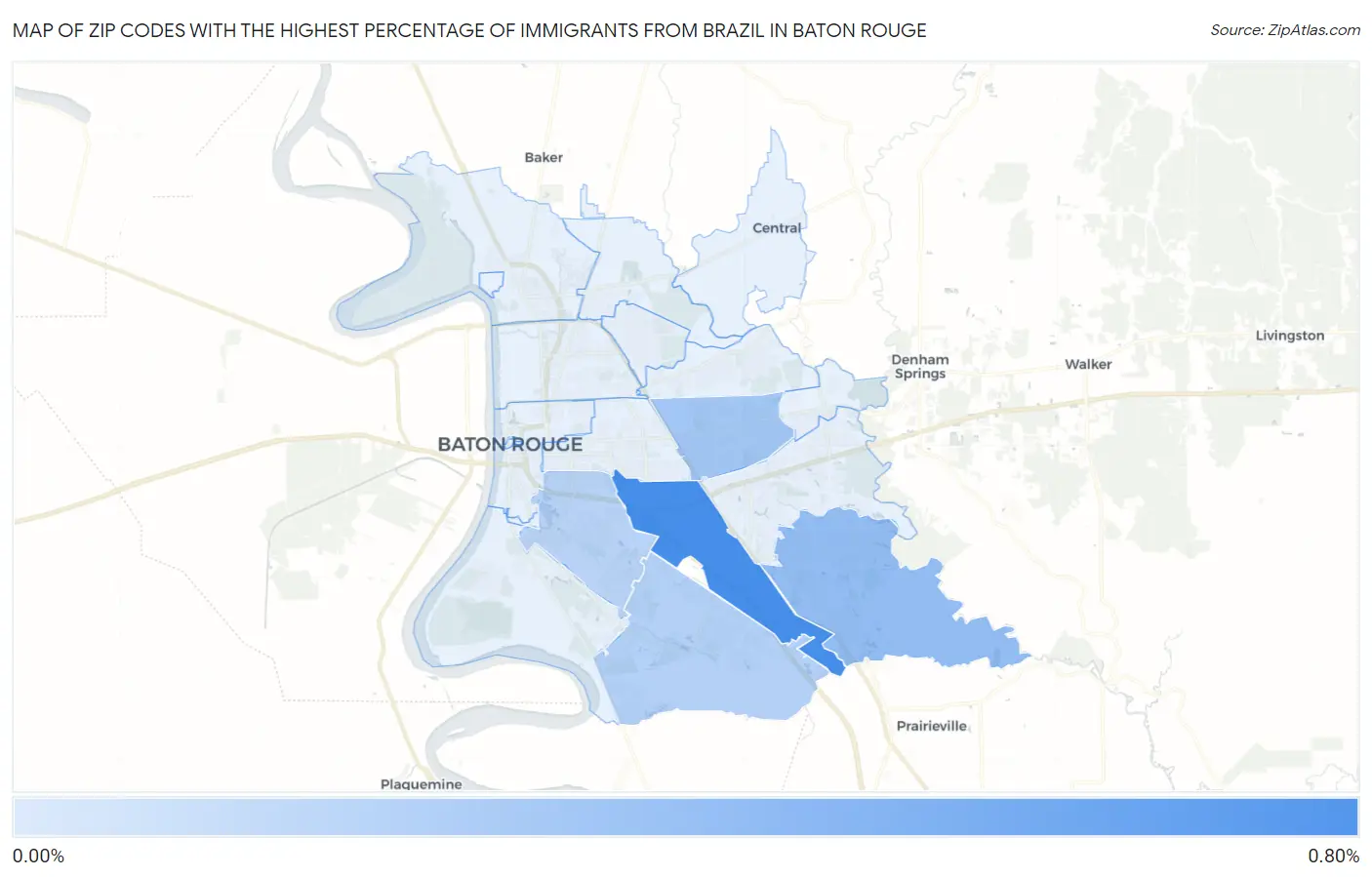 Zip Codes with the Highest Percentage of Immigrants from Brazil in Baton Rouge Map