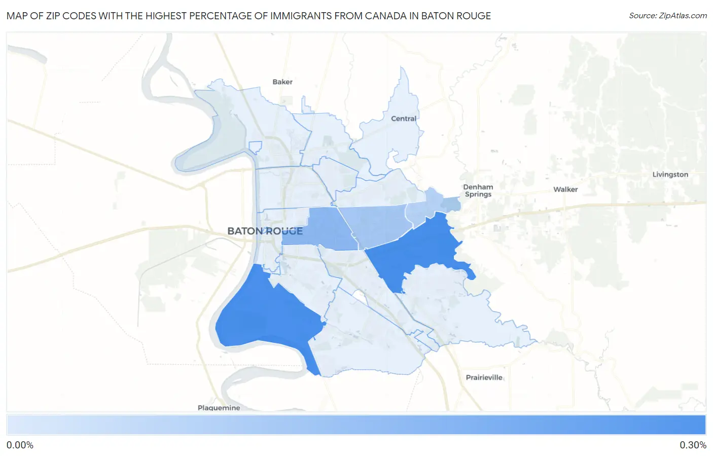 Zip Codes with the Highest Percentage of Immigrants from Canada in Baton Rouge Map