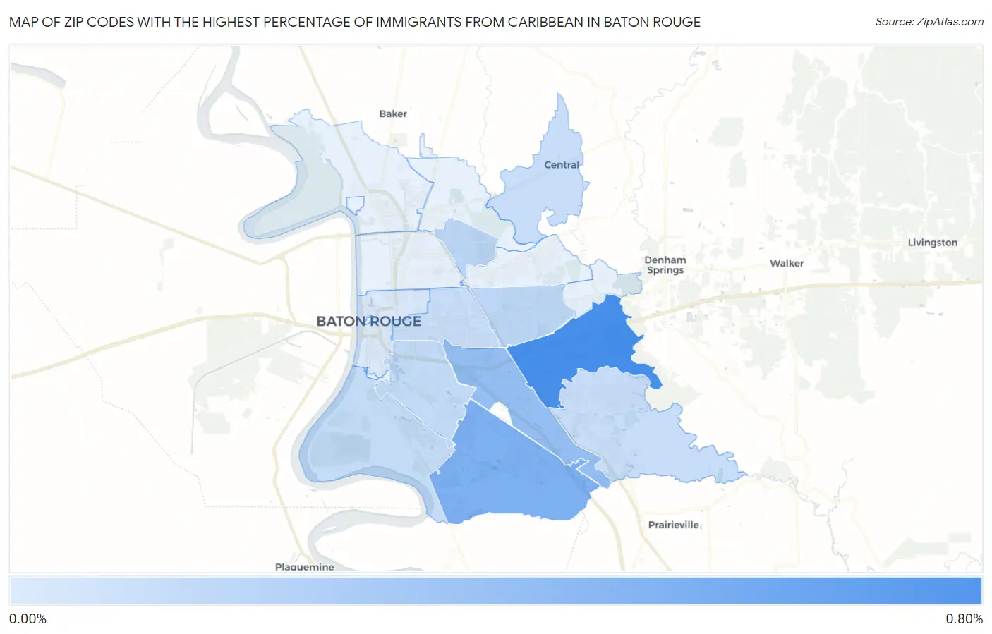 Zip Codes with the Highest Percentage of Immigrants from Caribbean in Baton Rouge Map