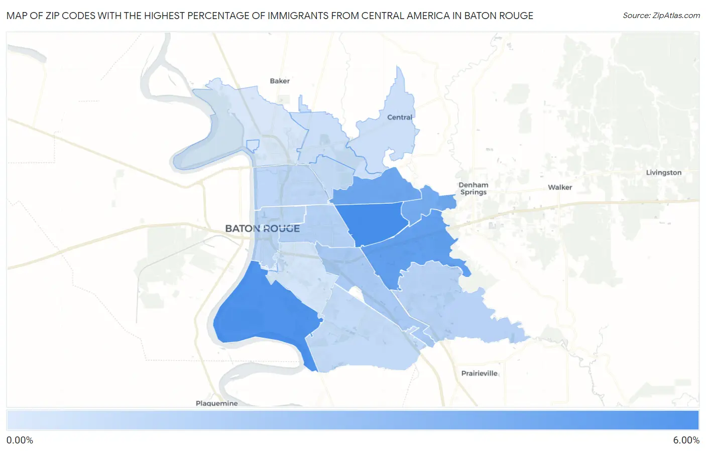 Zip Codes with the Highest Percentage of Immigrants from Central America in Baton Rouge Map