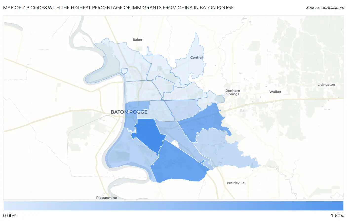 Zip Codes with the Highest Percentage of Immigrants from China in Baton Rouge Map