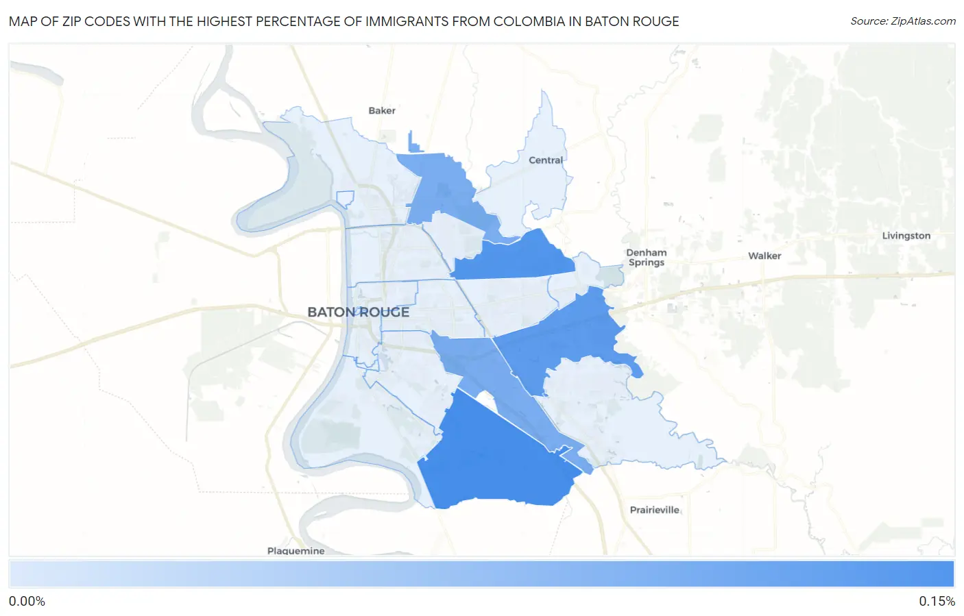 Zip Codes with the Highest Percentage of Immigrants from Colombia in Baton Rouge Map