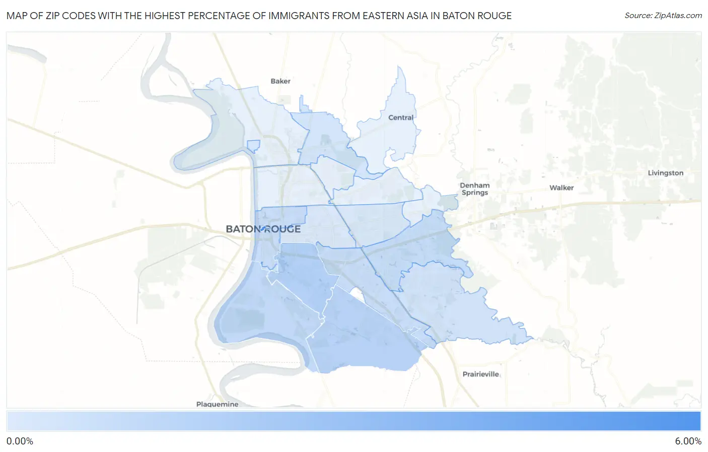 Zip Codes with the Highest Percentage of Immigrants from Eastern Asia in Baton Rouge Map