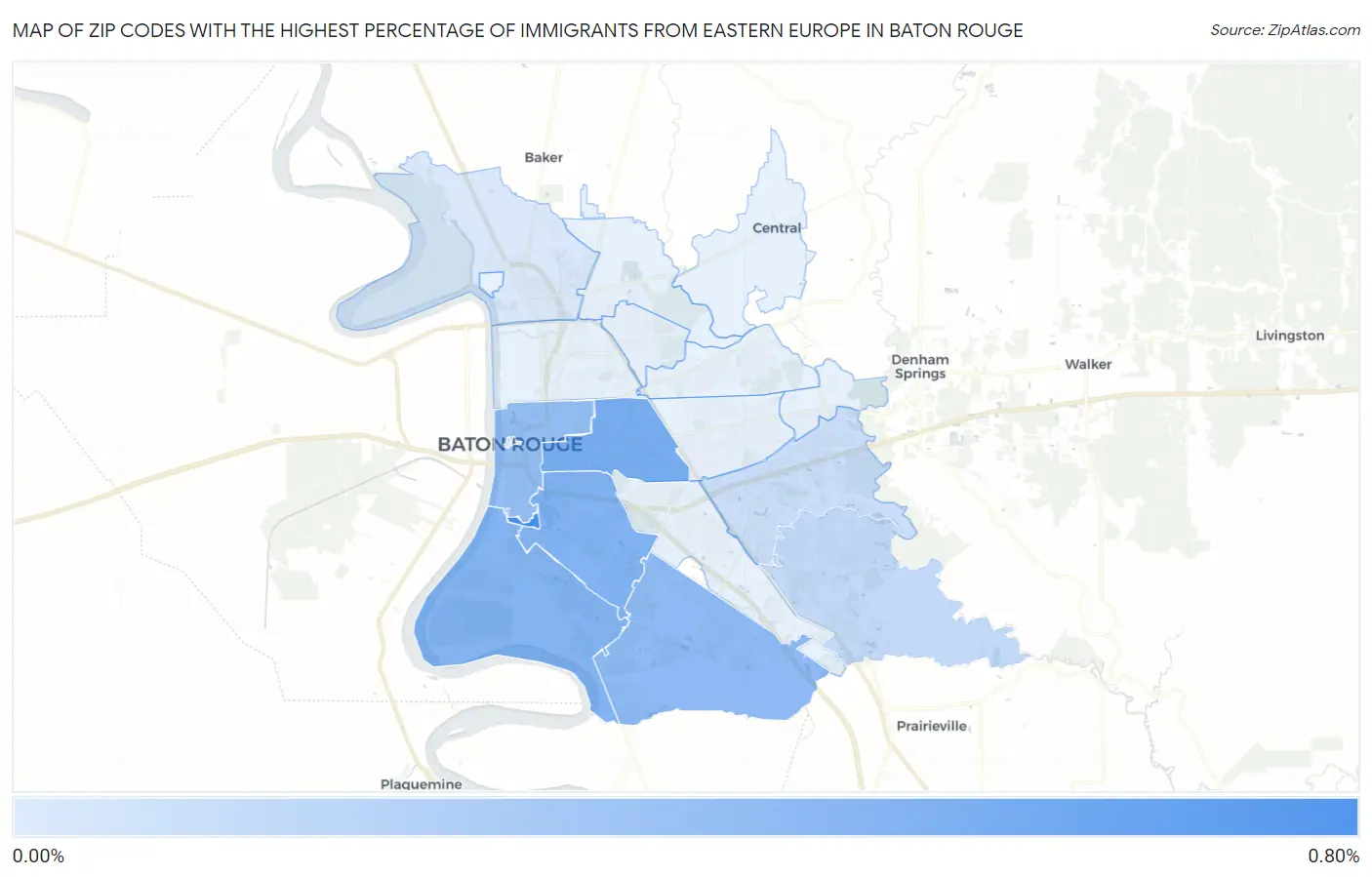 Zip Codes with the Highest Percentage of Immigrants from Eastern Europe in Baton Rouge Map