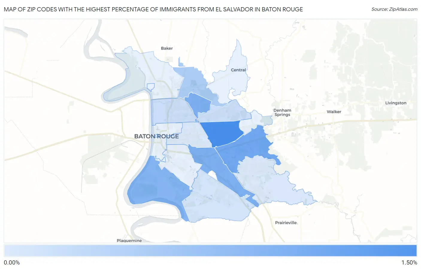 Zip Codes with the Highest Percentage of Immigrants from El Salvador in Baton Rouge Map