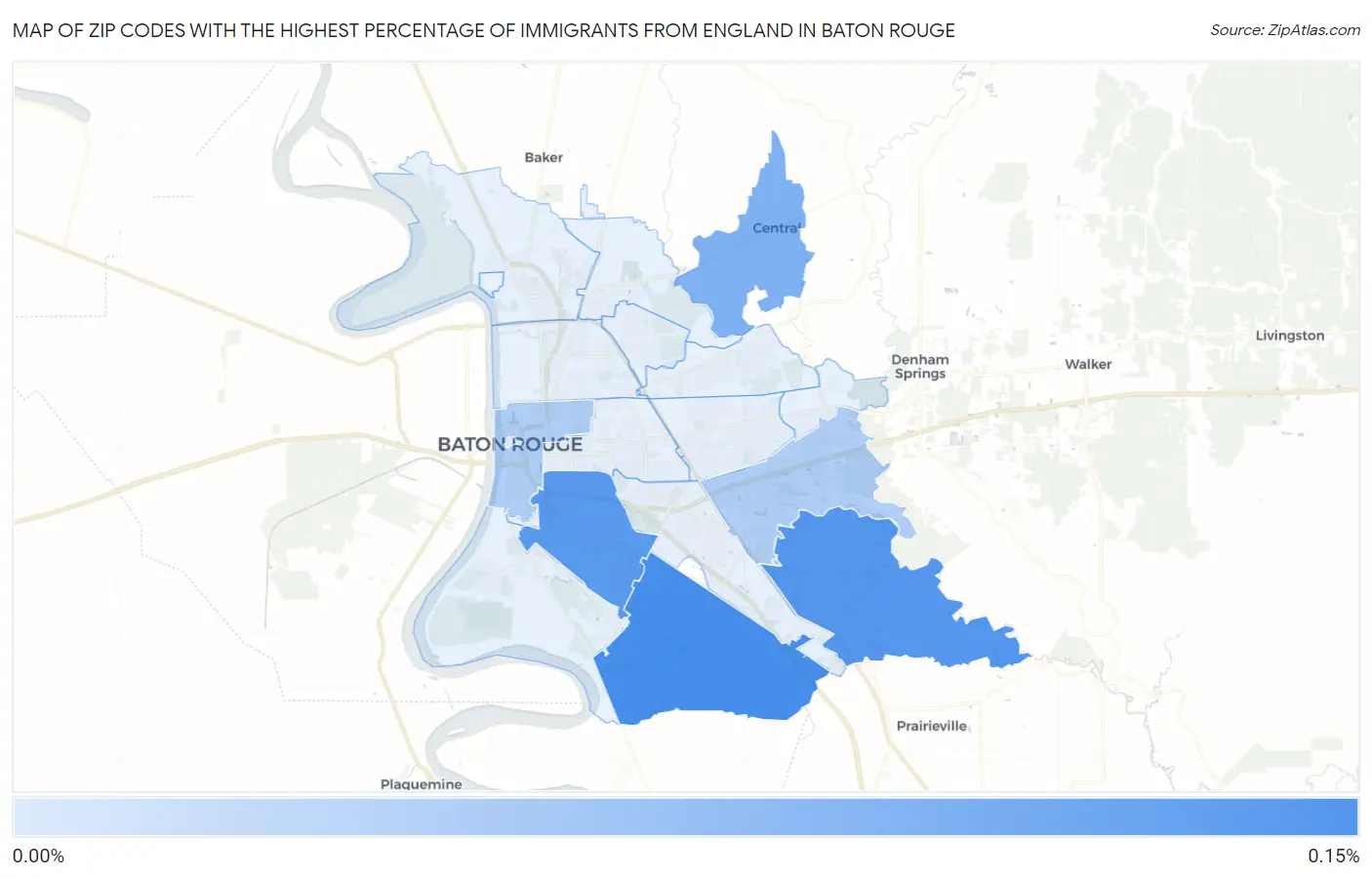 Zip Codes with the Highest Percentage of Immigrants from England in Baton Rouge Map