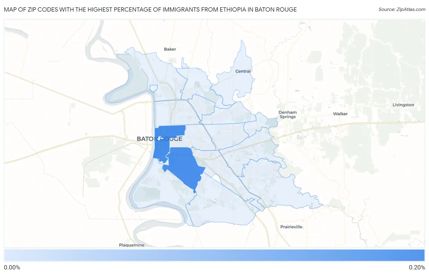 Zip Codes with the Highest Percentage of Immigrants from Ethiopia in Baton Rouge Map