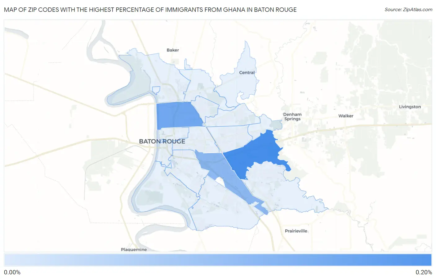 Zip Codes with the Highest Percentage of Immigrants from Ghana in Baton Rouge Map