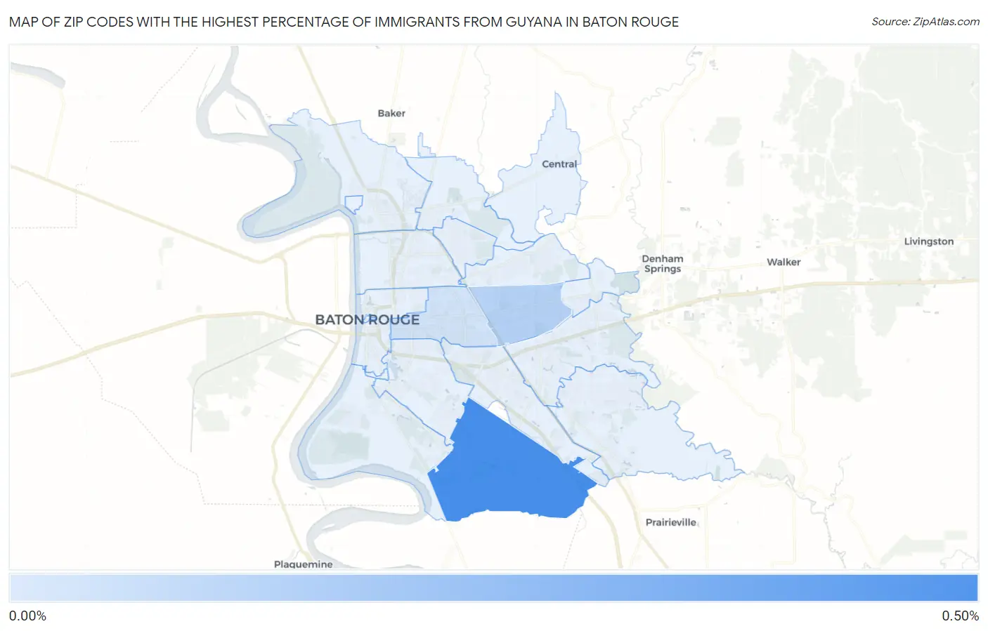 Zip Codes with the Highest Percentage of Immigrants from Guyana in Baton Rouge Map