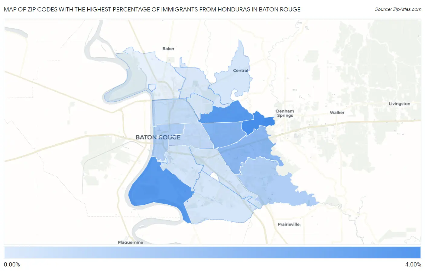 Zip Codes with the Highest Percentage of Immigrants from Honduras in Baton Rouge Map