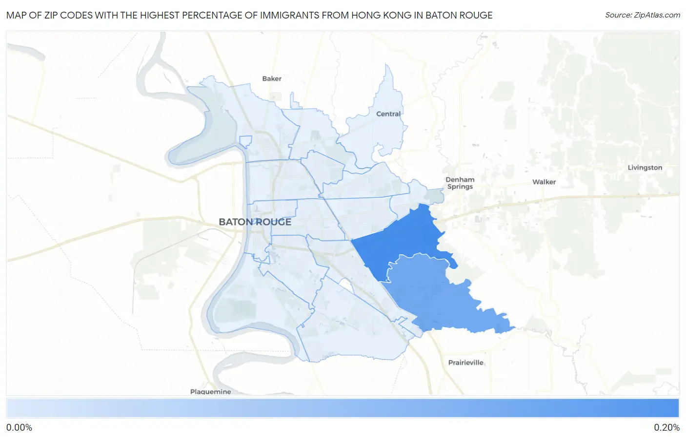 Zip Codes with the Highest Percentage of Immigrants from Hong Kong in Baton Rouge Map