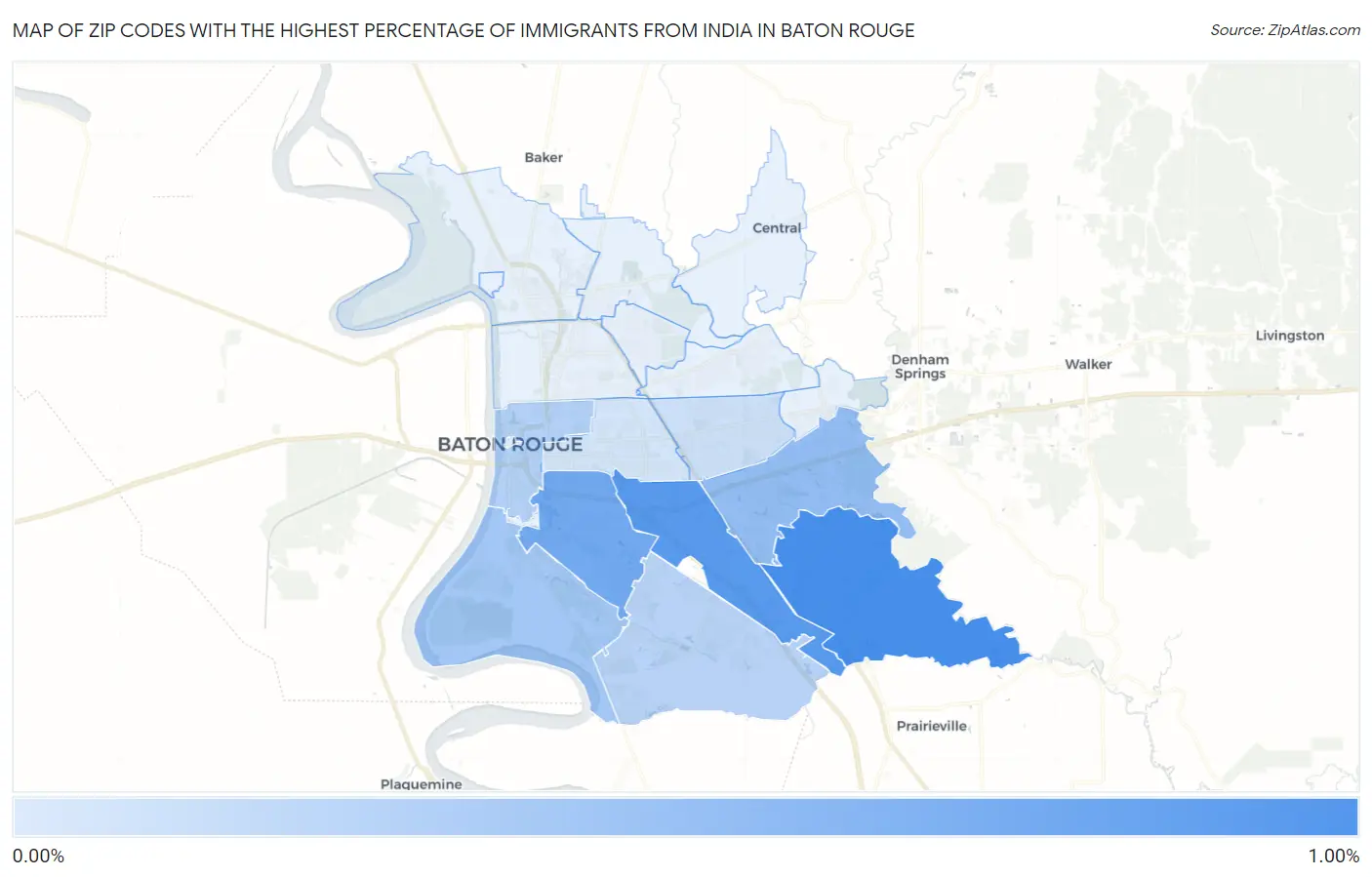 Zip Codes with the Highest Percentage of Immigrants from India in Baton Rouge Map
